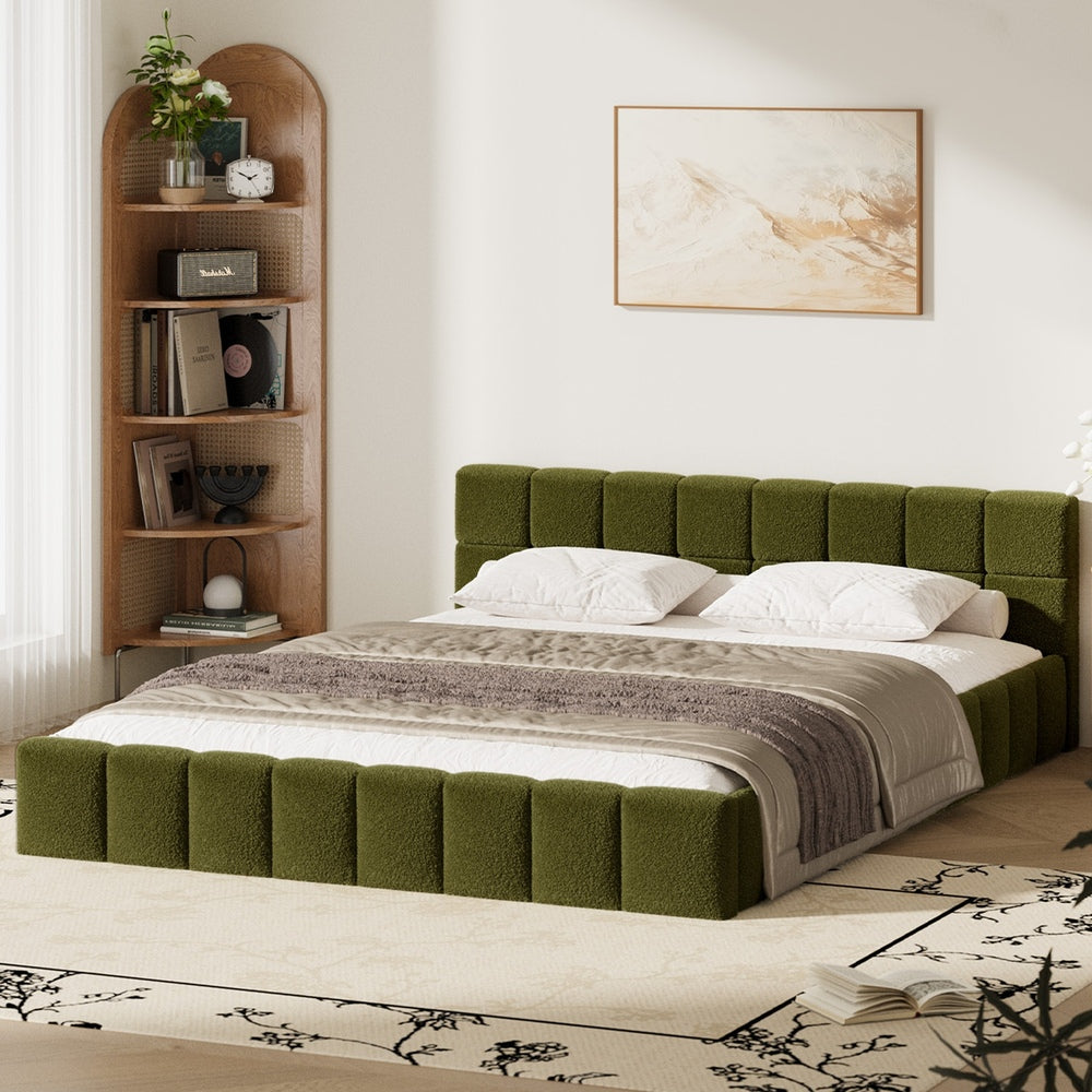Bed Frame Queen Size Tufted Headboard Green Boucle