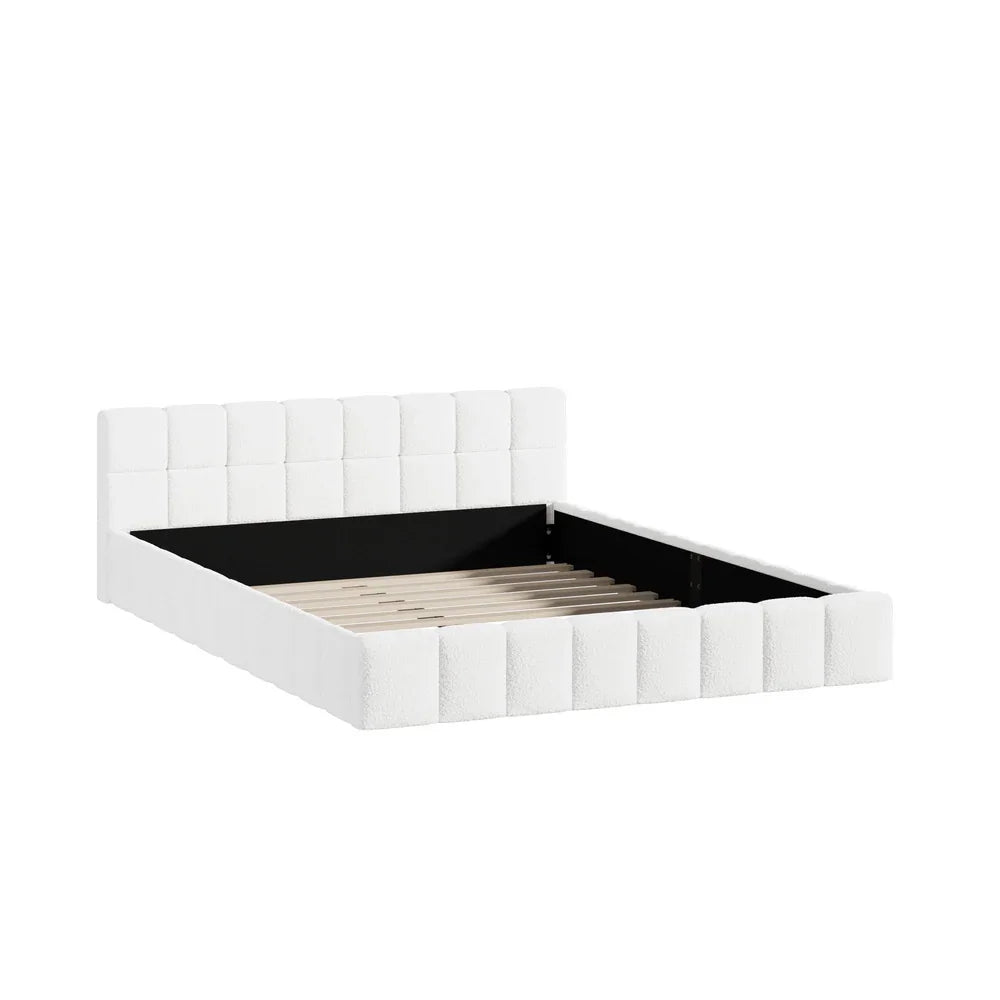 Bed Frame Queen Size Tufted Headboard White Boucle