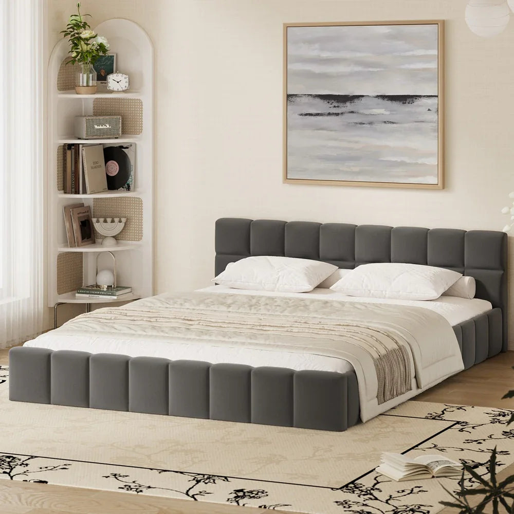 Bed Frame Queen Size Tufted Headboard Grey Velvet