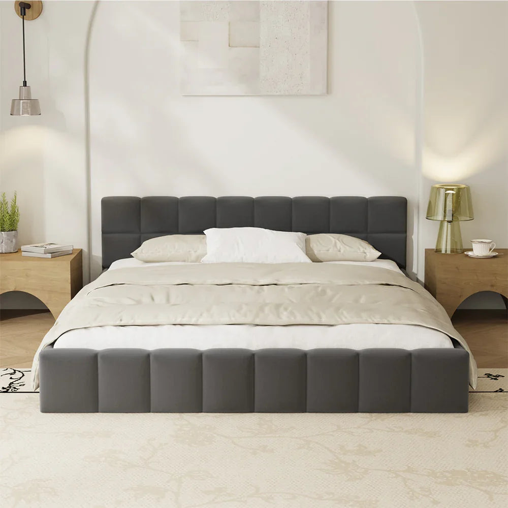 Bed Frame Queen Size Tufted Headboard Grey Velvet