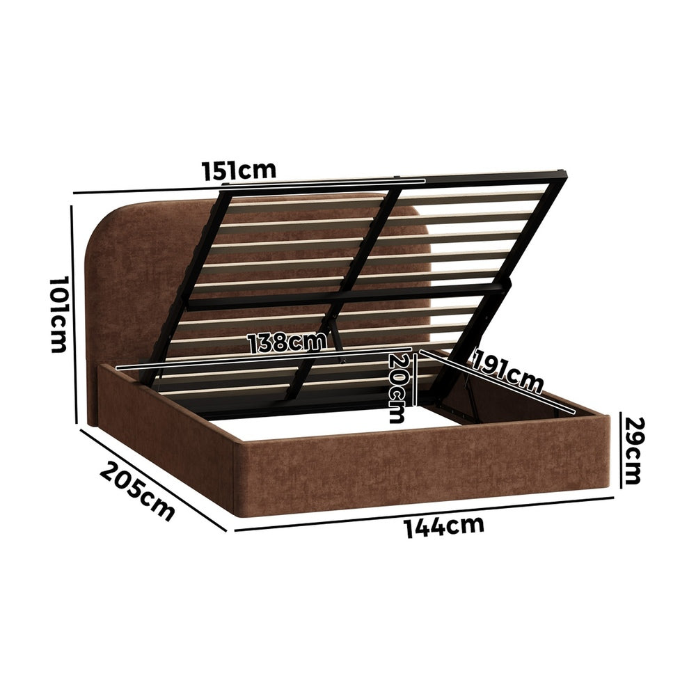 Double Bed Frame Gas Lift Storage, Velvet Brown, 300kg Capacity