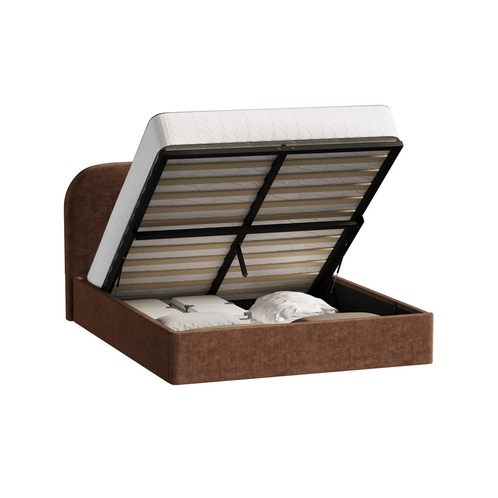 Double Bed Frame Gas Lift Storage, Velvet Brown, 300kg Capacity