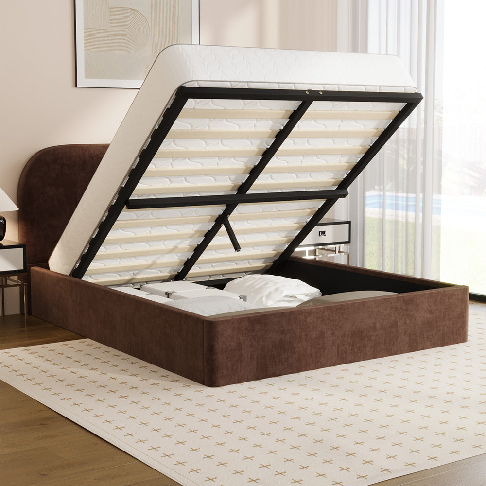 Double Bed Frame Gas Lift Storage, Velvet Brown, 300kg Capacity