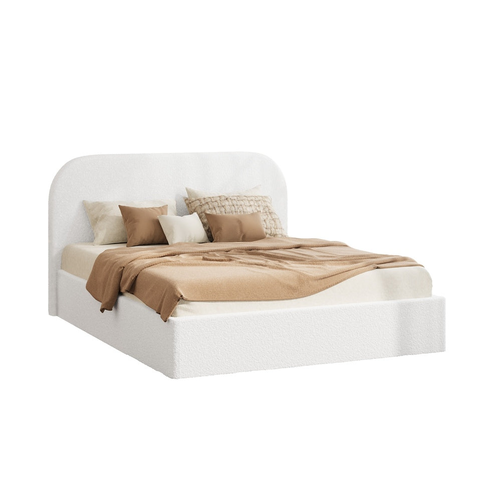 Double Gas‑Lift Bed Frame – Bouclé Rounded Headboard, Storage, White