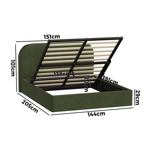 Double Gas‑Lift Bed Frame – Velvet Rounded Headboard, Storage, Green