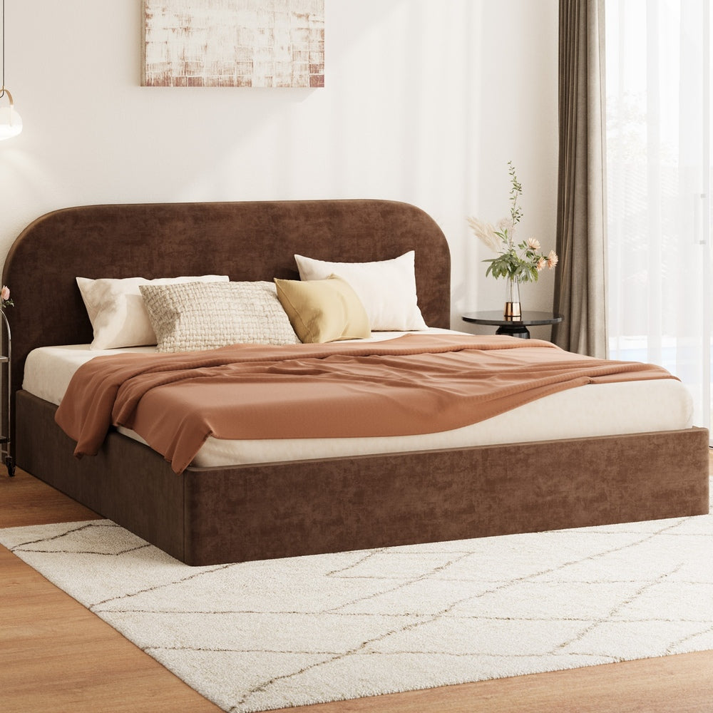 King Bed Frame Gas Lift Storage Velvet Brown
