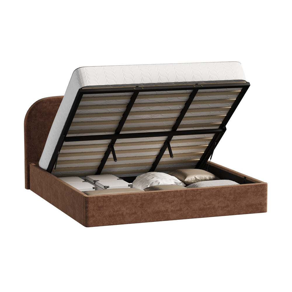 King Bed Frame Gas Lift Storage Velvet Brown