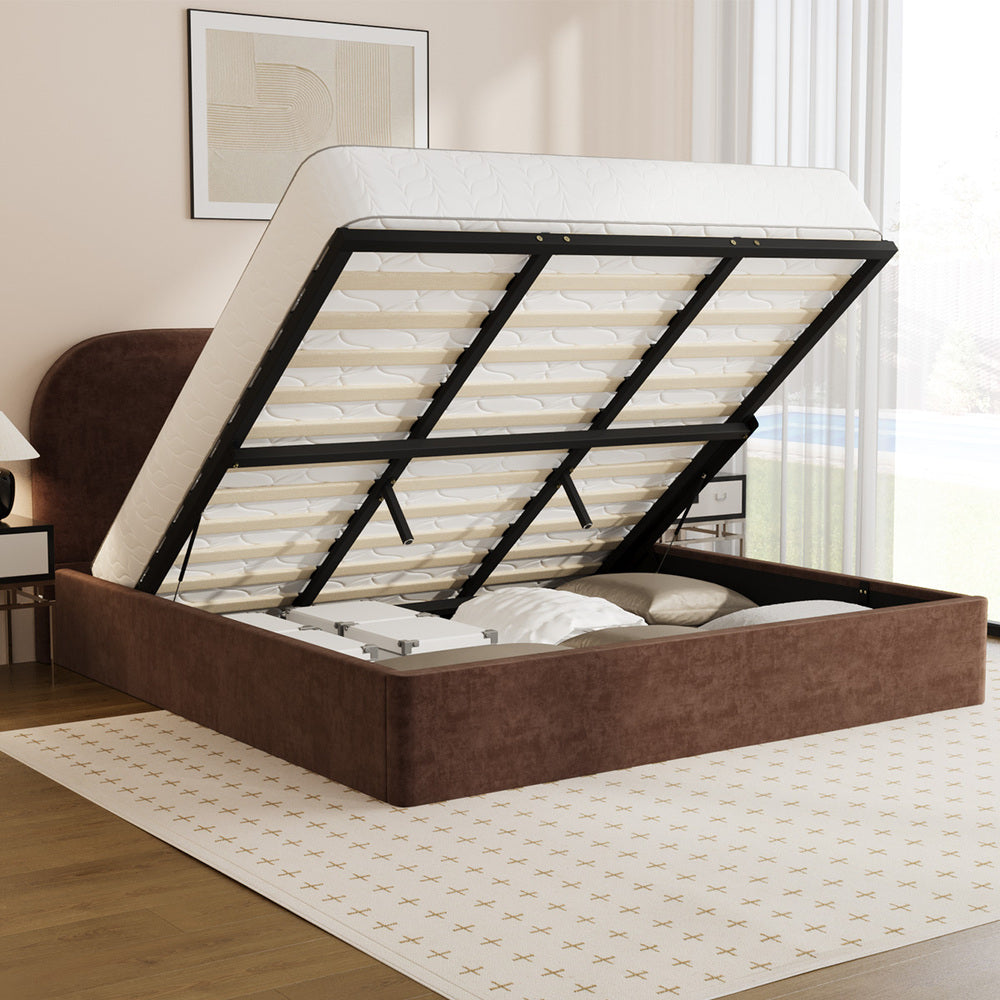 King Bed Frame Gas Lift Storage Velvet Brown