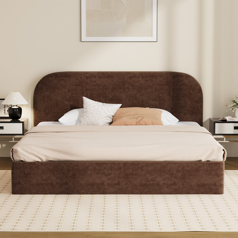 King Bed Frame Gas Lift Storage Velvet Brown