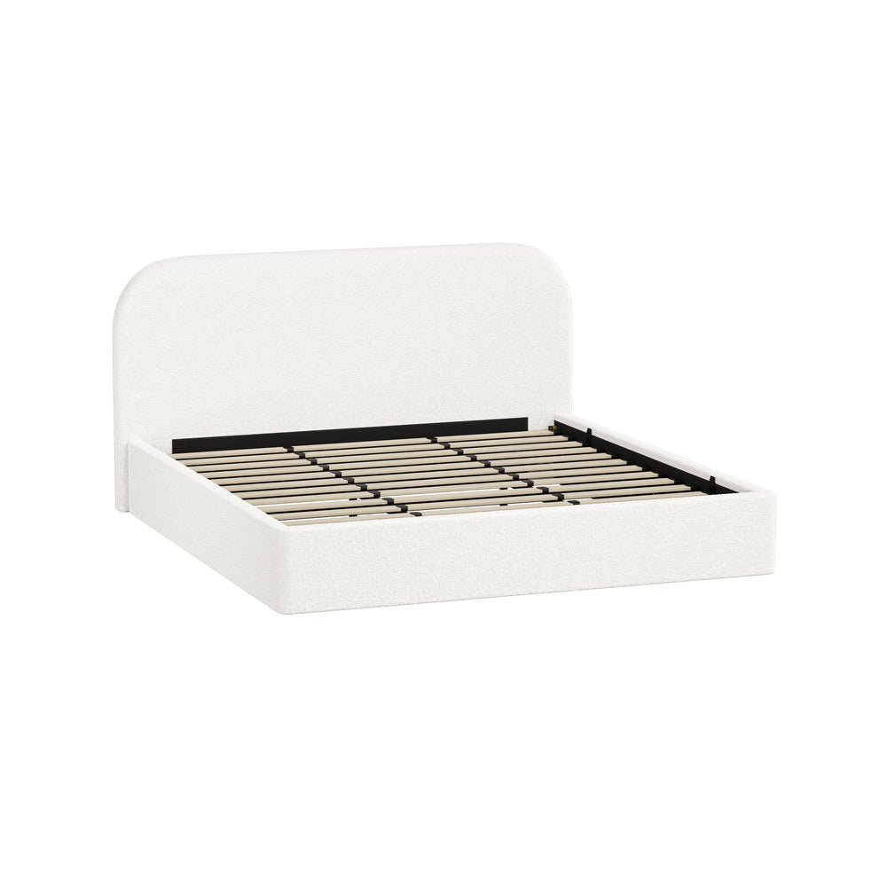 King Gas‑Lift Bed Frame – Bouclé Rounded Headboard, Storage, White