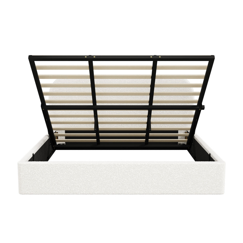 King Gas‑Lift Bed Frame – Bouclé Rounded Headboard, Storage, White