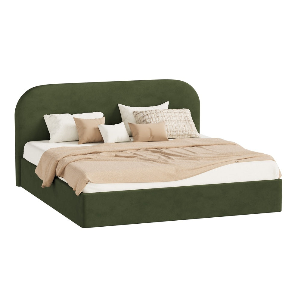 King Gas‑Lift Bed Frame – Velvet Rounded Headboard, Storage, Green