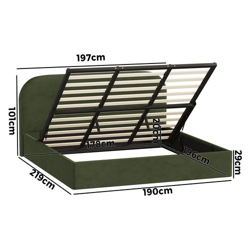 King Gas‑Lift Bed Frame – Velvet Rounded Headboard, Storage, Green