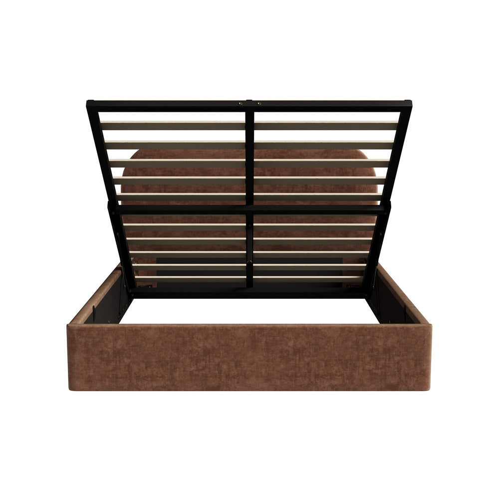 Queen Gas Lift Bed Frame, Velvet Brown, 300kg Cap, Storage Base