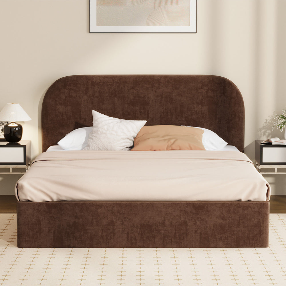 Queen Gas Lift Bed Frame, Velvet Brown, 300kg Cap, Storage Base
