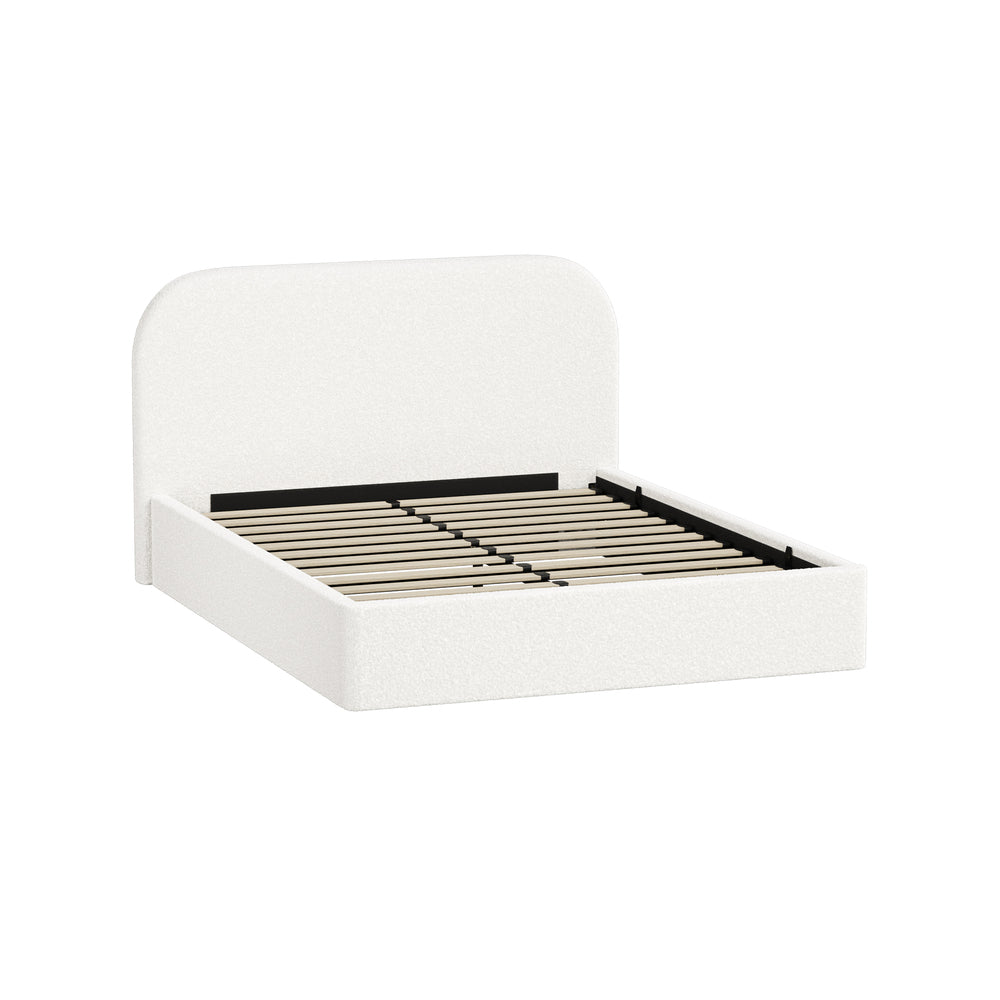 Queen Gas‑Lift Bed Frame – Bouclé Rounded Headboard, Storage, White