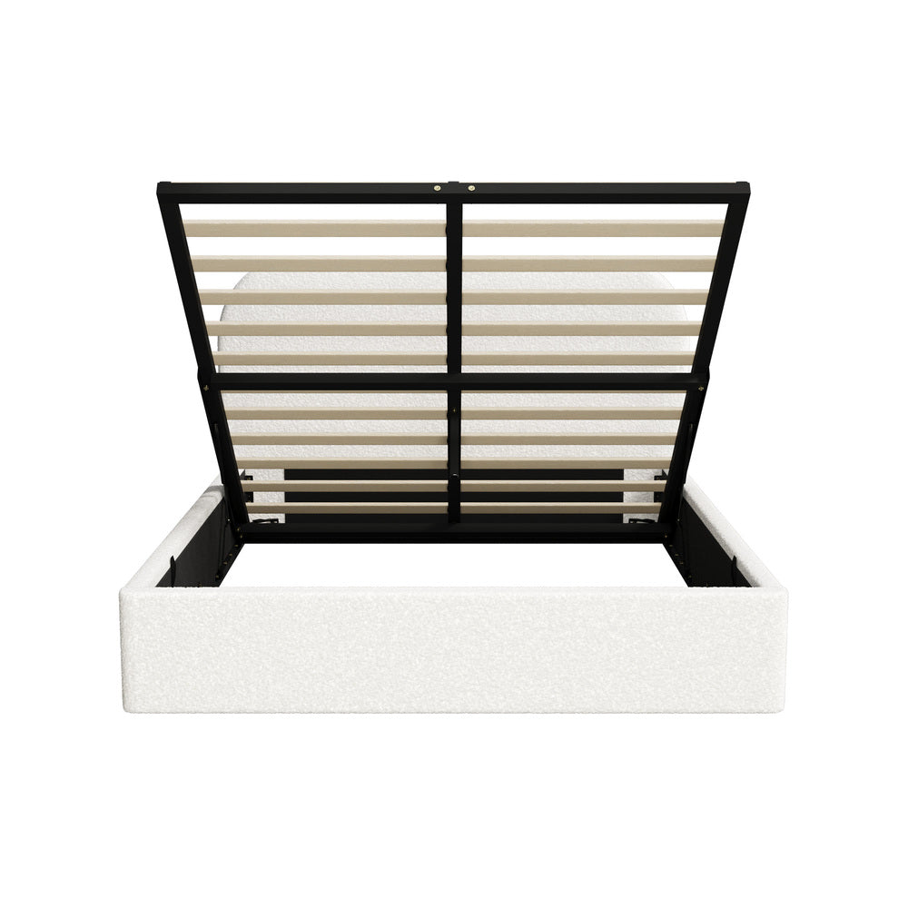 Queen Gas‑Lift Bed Frame – Bouclé Rounded Headboard, Storage, White