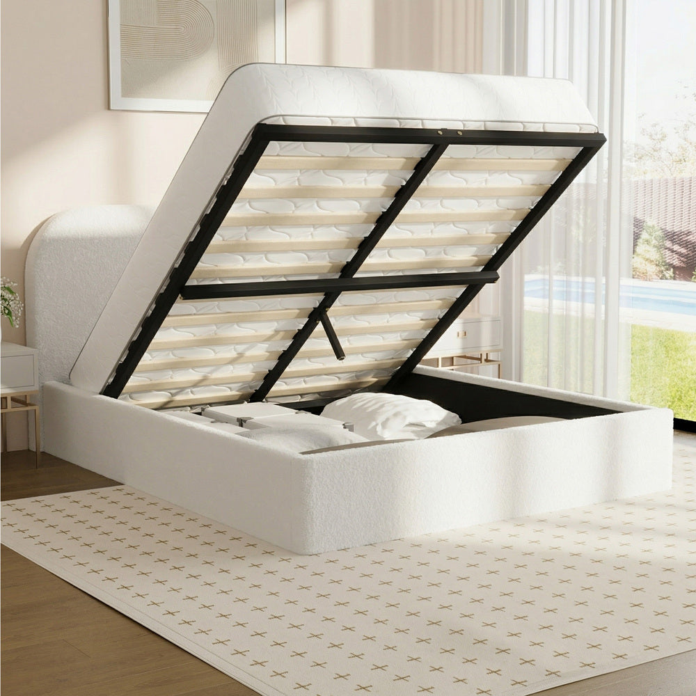 Queen Gas‑Lift Bed Frame – Bouclé Rounded Headboard, Storage, White