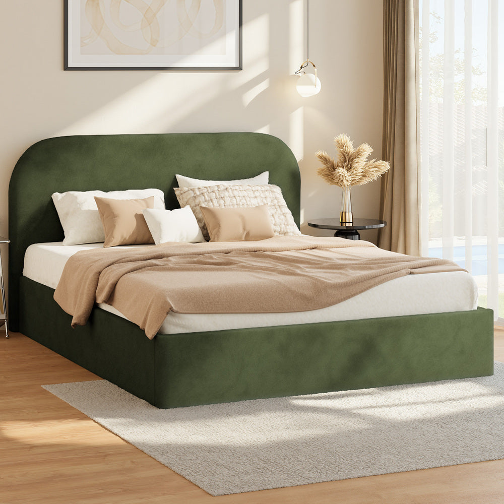 King Gas‑Lift Bed Frame – Velvet Rounded Headboard, Storage, Green