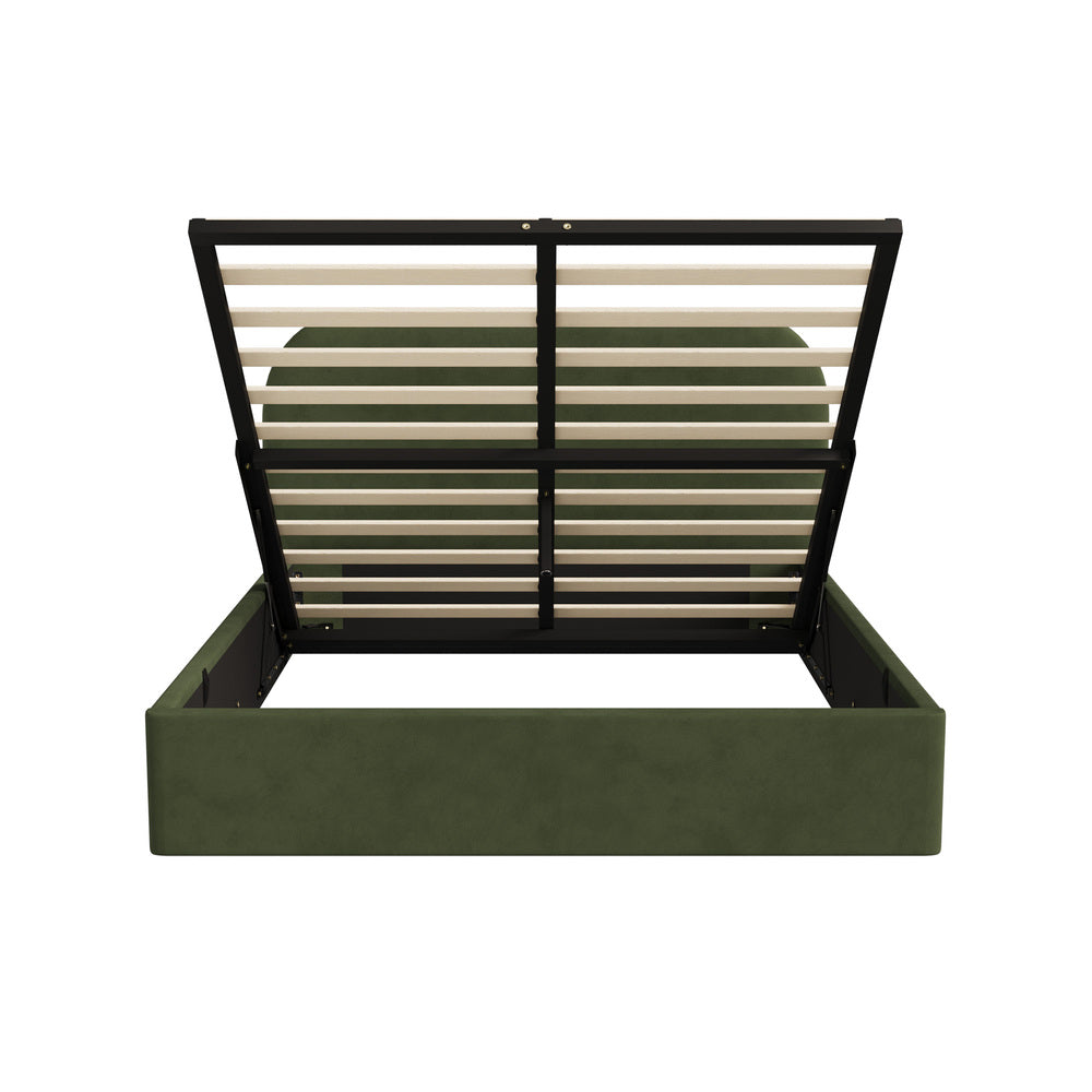 King Gas‑Lift Bed Frame – Velvet Rounded Headboard, Storage, Green