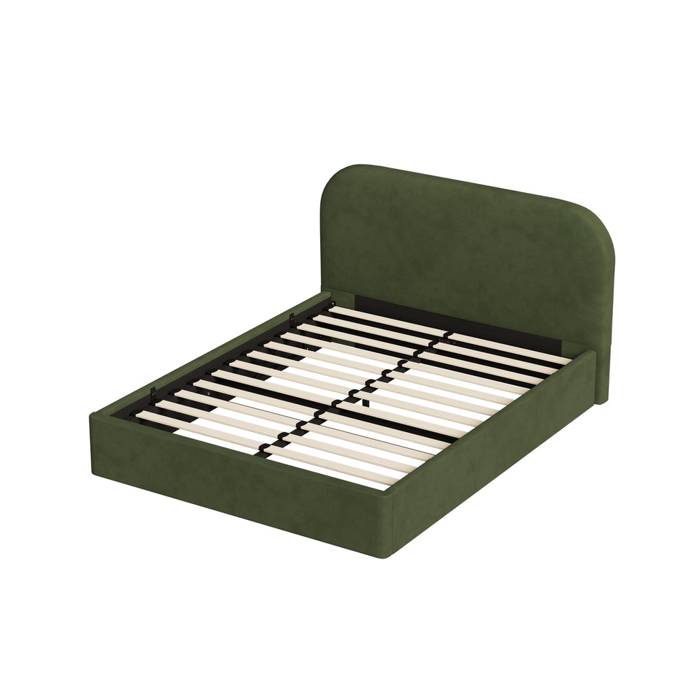 King Gas‑Lift Bed Frame – Velvet Rounded Headboard, Storage, Green