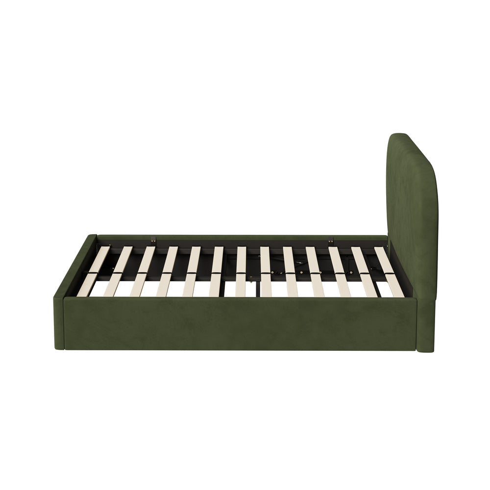 King Gas‑Lift Bed Frame – Velvet Rounded Headboard, Storage, Green