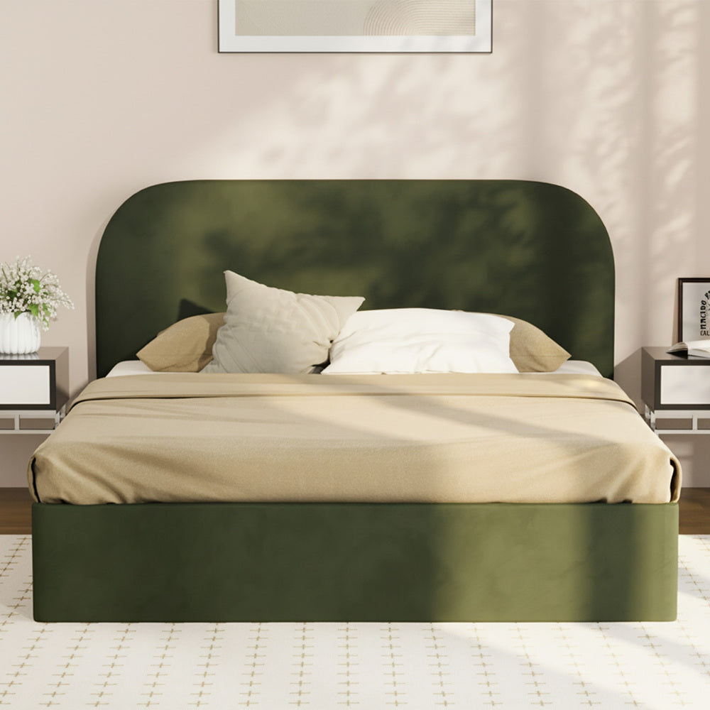 King Gas‑Lift Bed Frame – Velvet Rounded Headboard, Storage, Green