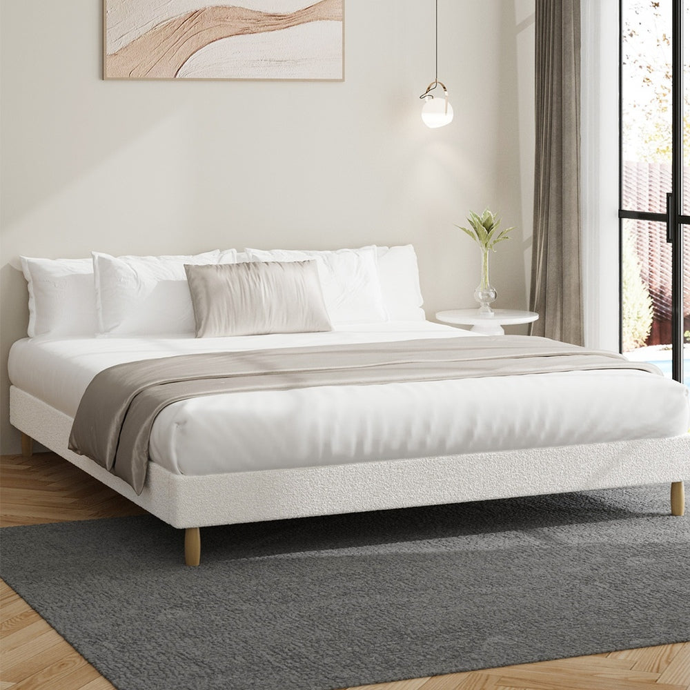 Bed Frame King Size Bed Base White Boucle