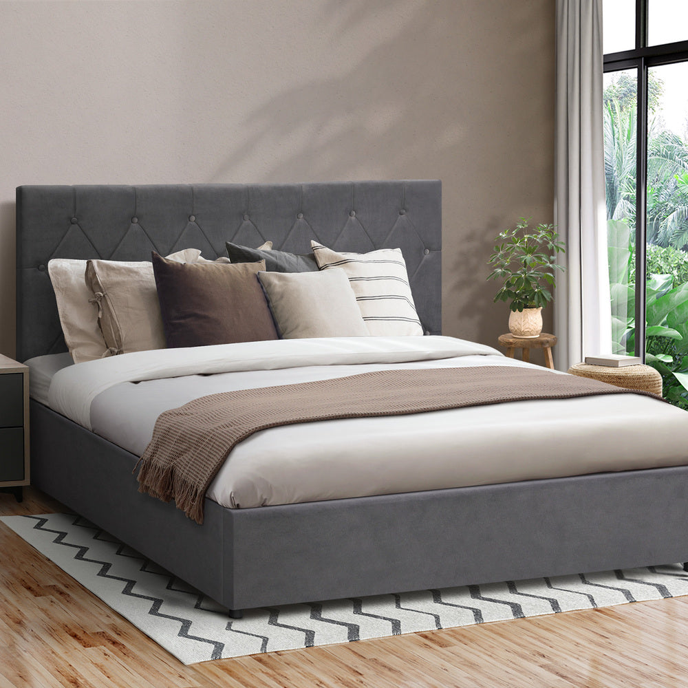 Bed Frame Double Size Gas Lift Base Storage Fabric Grey