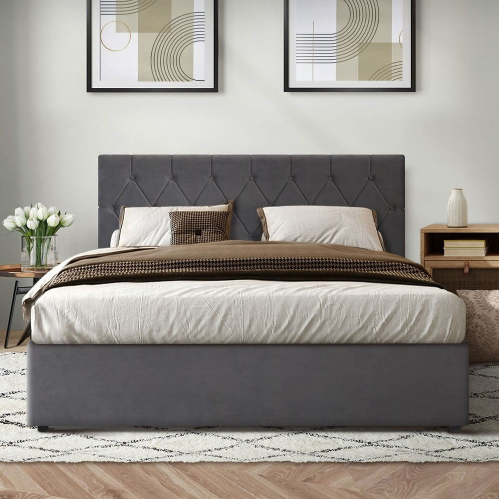 Bed Frame Double Size Gas Lift Base Storage Fabric Grey