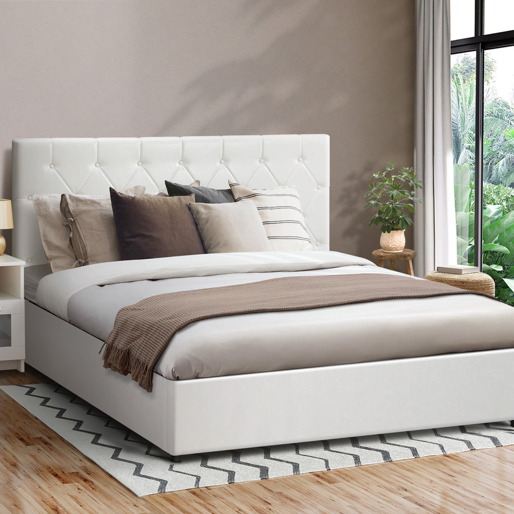 Bed Frame Double Size Gas Lift Base Storage Leather White