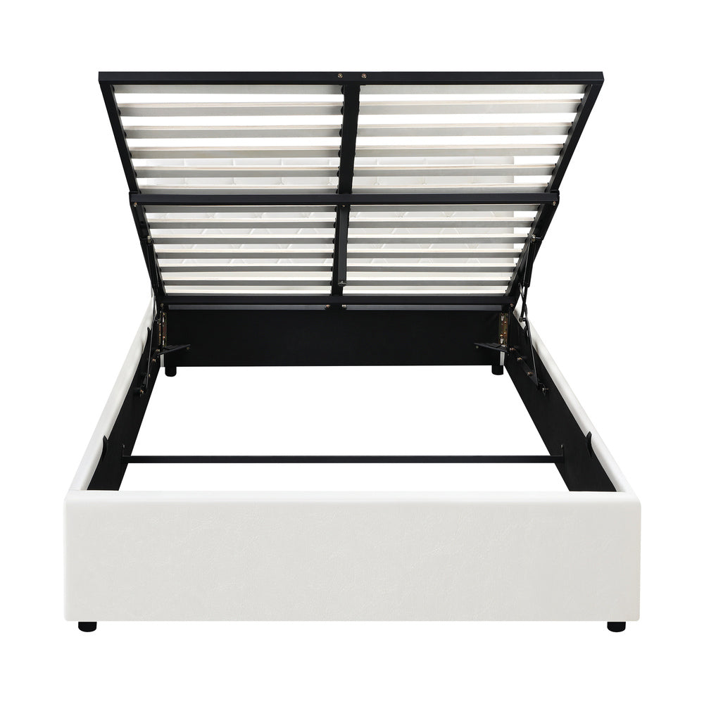 Bed Frame Double Size Gas Lift Base Storage Leather White