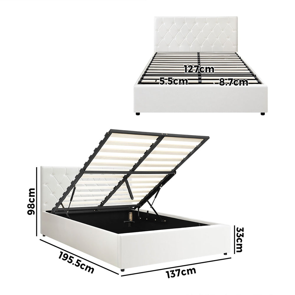 Bed Frame Double Size Gas Lift Base Storage Leather White