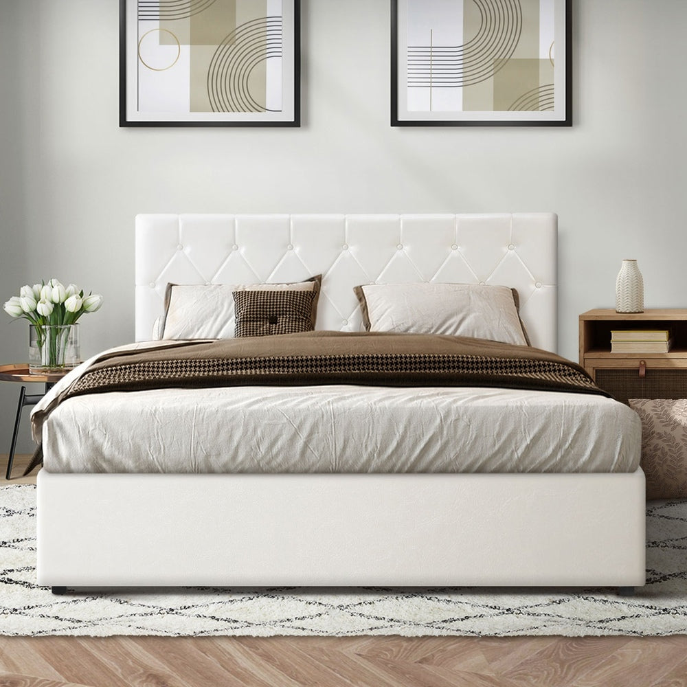 Bed Frame Double Size Gas Lift Base Storage Leather White