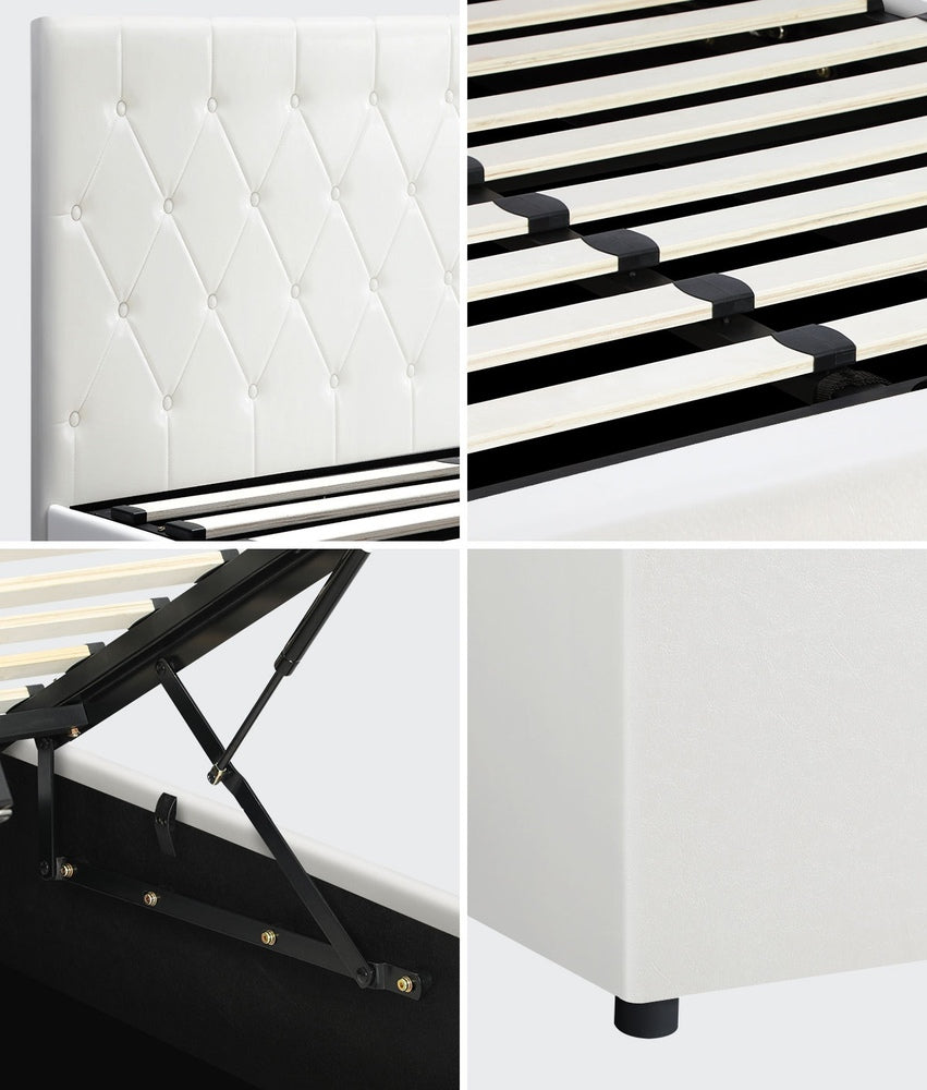Bed Frame Double Size Gas Lift Base Storage Leather White