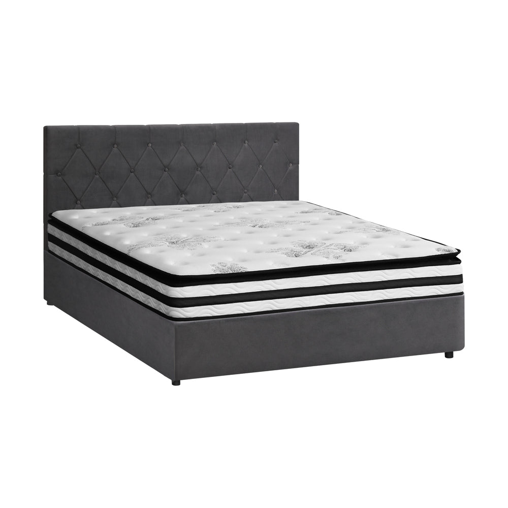 Oikiture Bed Frame Double Size Gas Lift Base with Mattress Velvet Grey