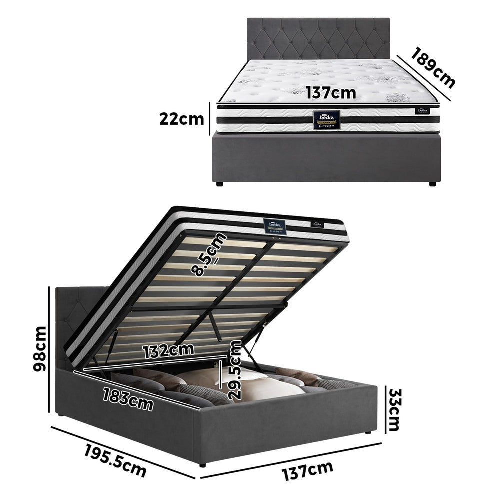 Oikiture Bed Frame Double Size Gas Lift Base with Mattress Velvet Grey