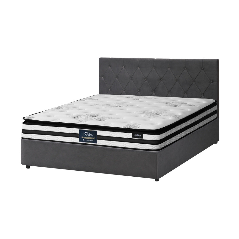 Oikiture Bed Frame Double Size Gas Lift Base with Mattress Velvet Grey