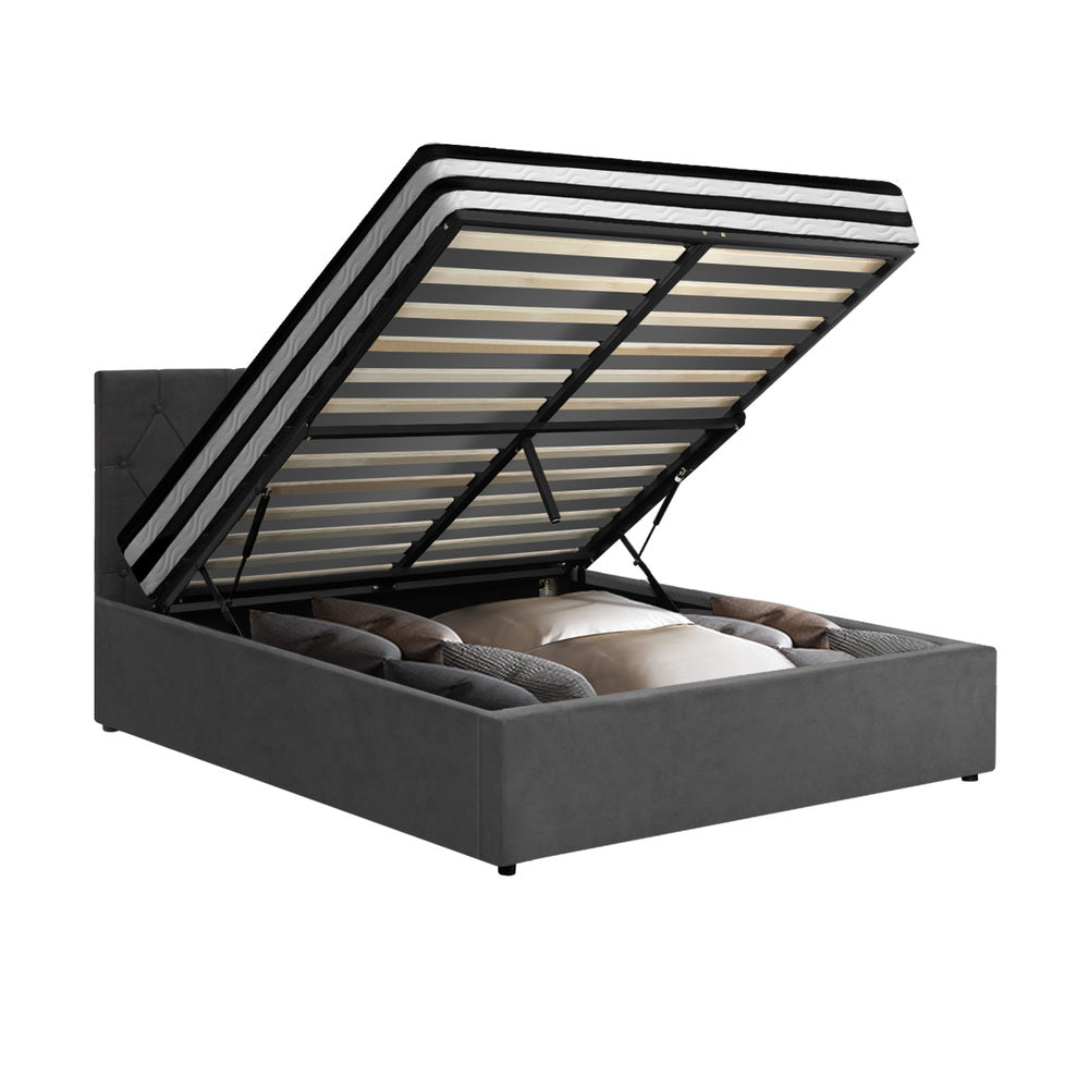 Oikiture Bed Frame Double Size Gas Lift Base with Mattress Velvet Grey