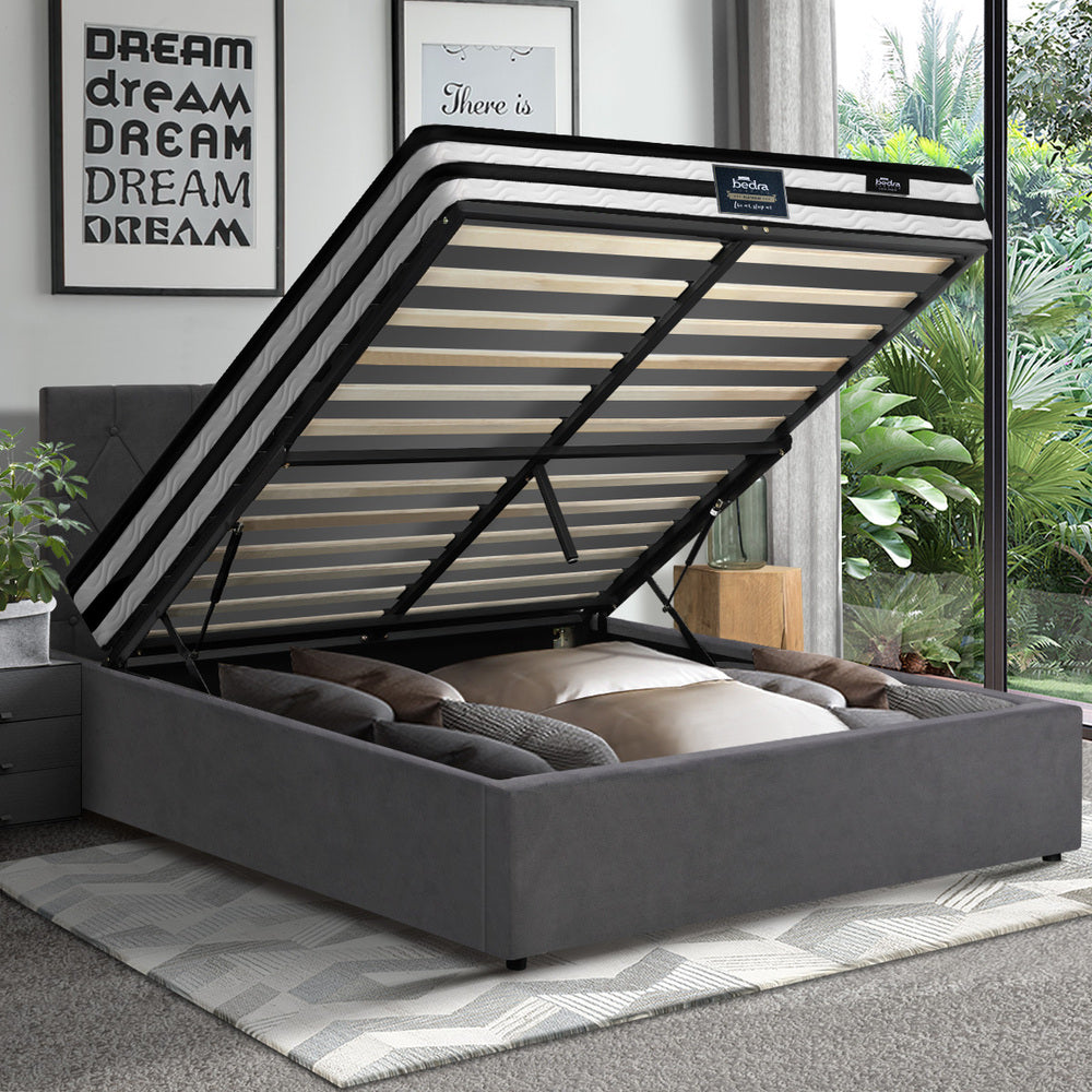 Oikiture Bed Frame Double Size Gas Lift Base with Mattress Velvet Grey