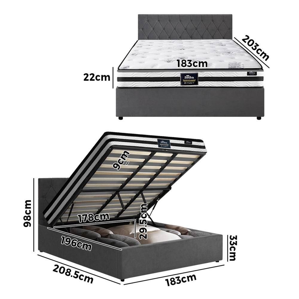 Oikiture Bed Frame King Size Gas Lift Base with Mattress Velvet Grey