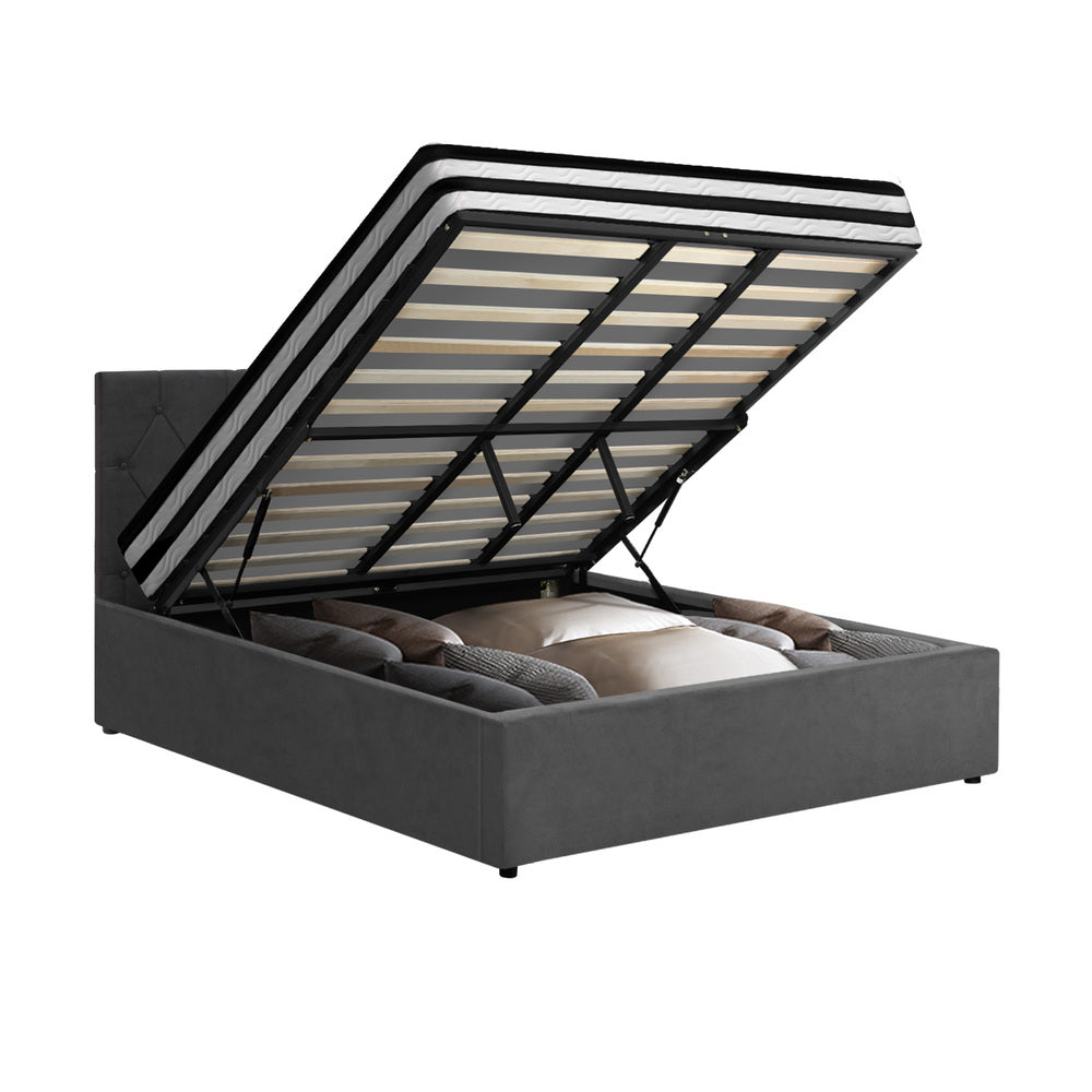 Oikiture Bed Frame King Size Gas Lift Base with Mattress Velvet Grey