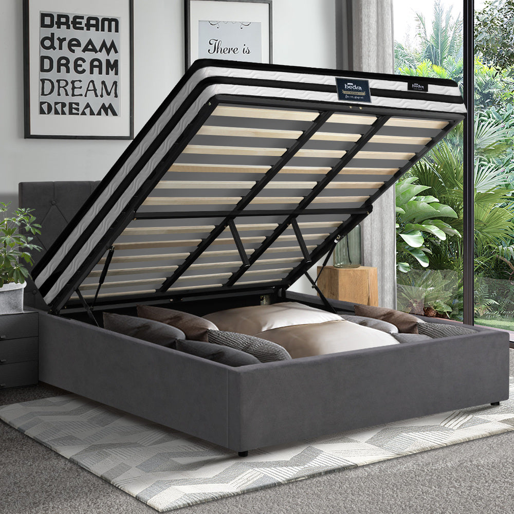 Oikiture Bed Frame King Size Gas Lift Base with Mattress Velvet Grey