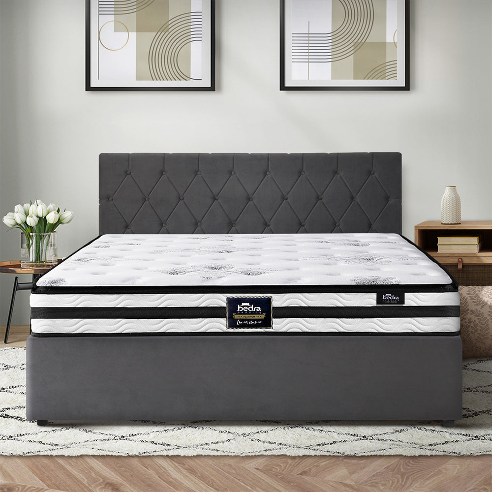 Oikiture Bed Frame King Size Gas Lift Base with Mattress Velvet Grey