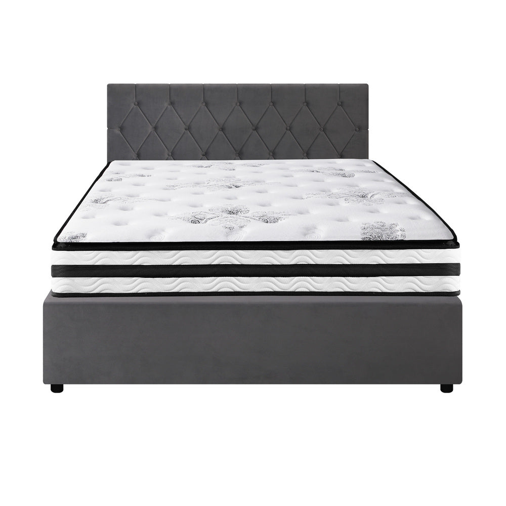 Oikiture Bed Frame Queen Size Gas Lift Base with Mattress Velvet Grey