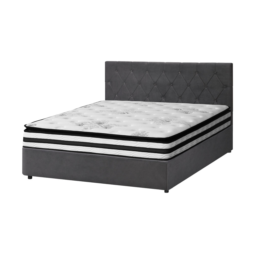 Oikiture Bed Frame Queen Size Gas Lift Base with Mattress Velvet Grey