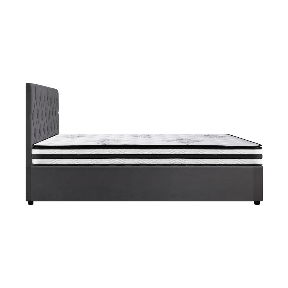 Oikiture Bed Frame Queen Size Gas Lift Base with Mattress Velvet Grey