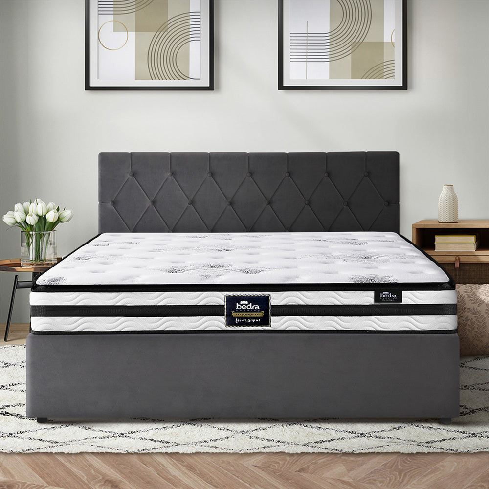 Oikiture Bed Frame Queen Size Gas Lift Base with Mattress Velvet Grey