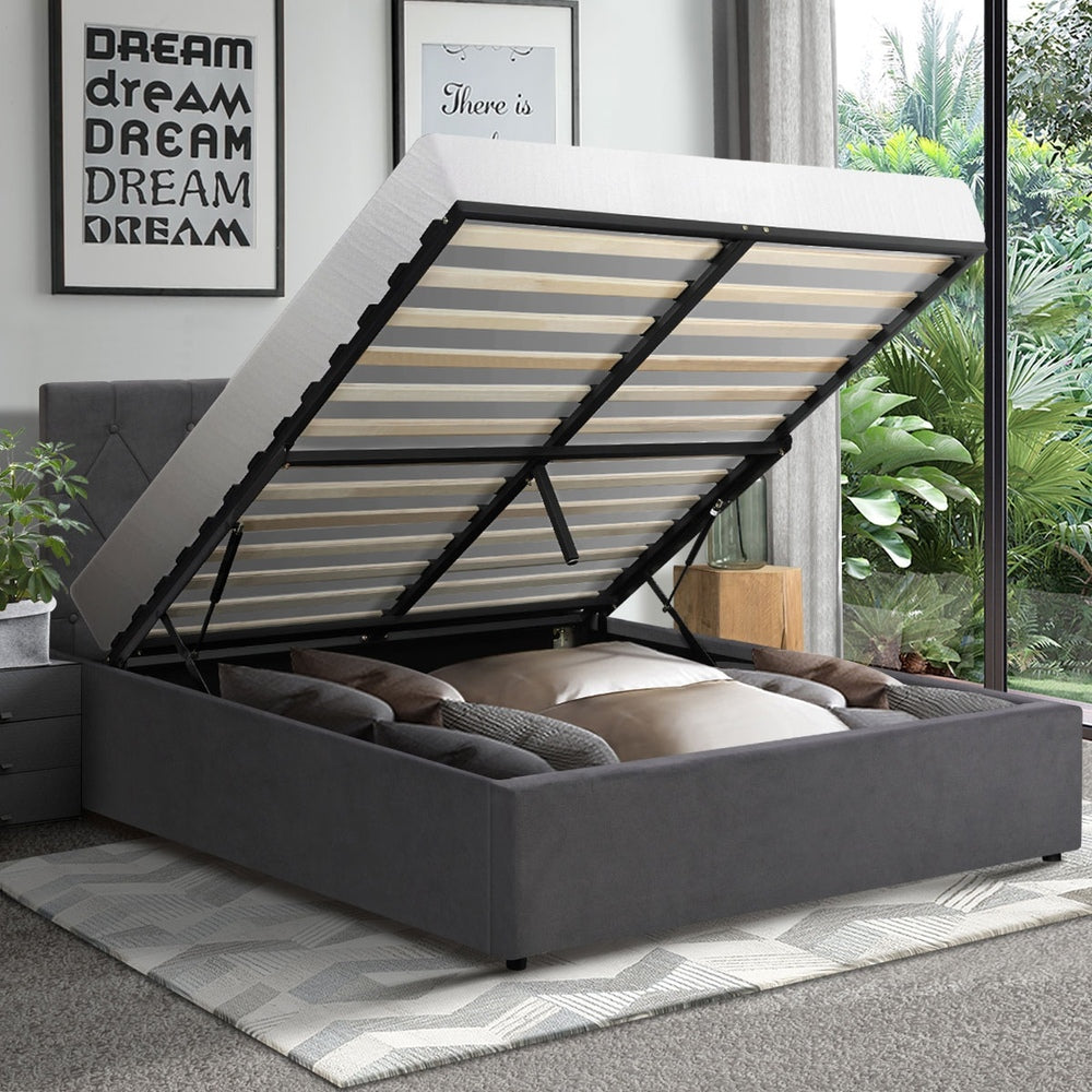 Bed Frame Queen Size Gas Lift Base Storage Fabric Grey