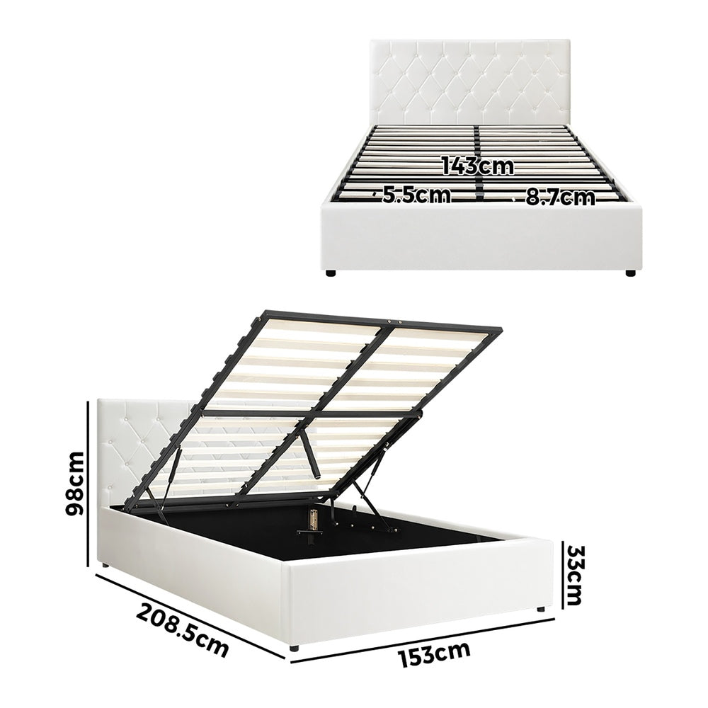 Bed Frame Queen Size Gas Lift Base Storage Leather White